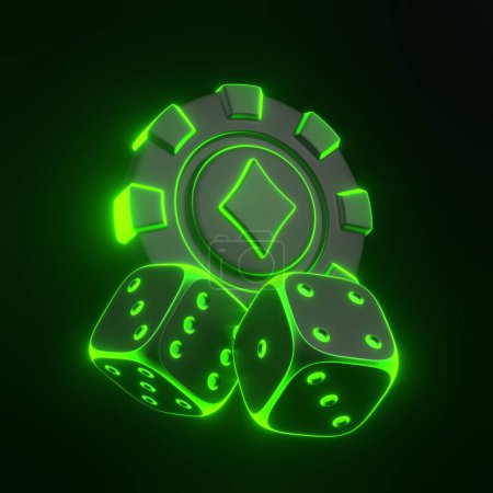 Photo for Casino chips, aces cards symbols and gambling dices with futuristic neon green lights on a black background. Poker, blackjack, baccarat game concept. Diamond icon. 3D render illustration - Royalty Free Image