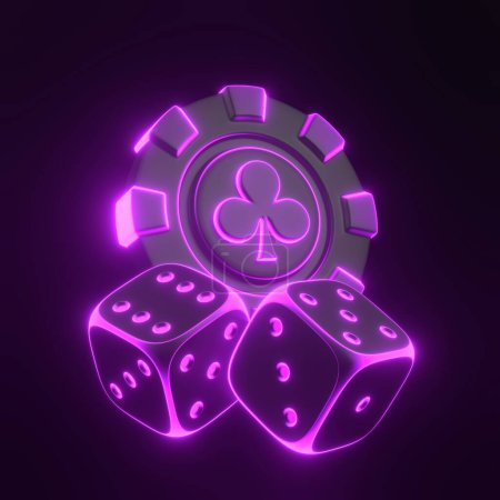 Photo for Casino chips, aces cards symbols and gambling dices with futuristic neon purple lights on a black background. Poker, blackjack, baccarat game concept. Club icon. 3D render illustration - Royalty Free Image