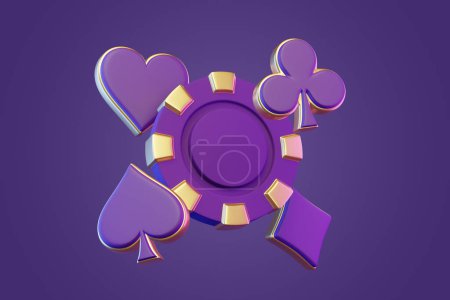 Téléchargez les photos : Casino jetons et as symboles de cartes sur un fond violet. Poker, blackjack, concept de jeu de baccarat. Coeur, diamant, club et icône de pique. Illustration de rendu 3D - en image libre de droit