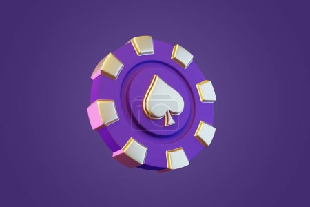 Photo for Casino chips and aces cards symbols on a purple background. Poker, blackjack, baccarat game concept. Spade icon. 3D render illustration - Royalty Free Image