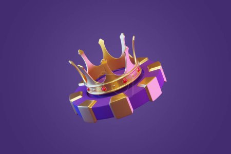 Photo for Casino chips and golden crown on a purple background. Poker, blackjack, baccarat game concept. 3D render illustration - Royalty Free Image