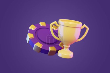 Photo for Casino chips and trophy cup on a purple background. Poker, blackjack, baccarat game concept. 3D render illustration - Royalty Free Image