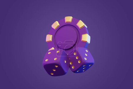 Photo for Casino chips and gambling dices  on a purple background. Poker, blackjack, baccarat game concept. 3D render illustration - Royalty Free Image