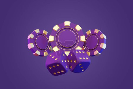 Photo for Casino chips and gambling dices  on a purple background. Poker, blackjack, baccarat game concept. 3D render illustration - Royalty Free Image