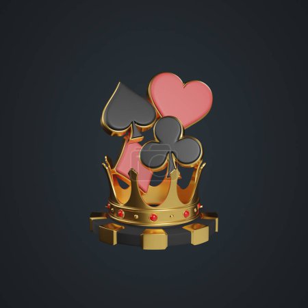 Photo for Casino chips, golden crown and aces cards symbols on a black background. Poker, blackjack, baccarat game concept. Heart, diamond, club and spade icon. 3D render illustration - Royalty Free Image