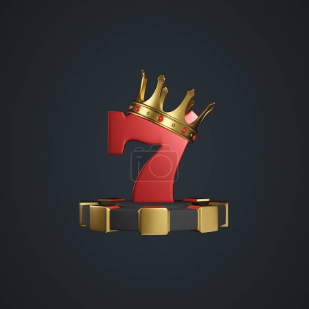 Photo for Casino chips, golden crown and lucky seven symbols on a black background. Poker, blackjack, baccarat game concept. 3D render illustration - Royalty Free Image