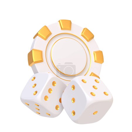 Foto de Casino fichas y dados de juego aislados sobre un fondo blanco. Poker, blackjack, concepto de juego de baccarat. Ilustración de representación 3D - Imagen libre de derechos