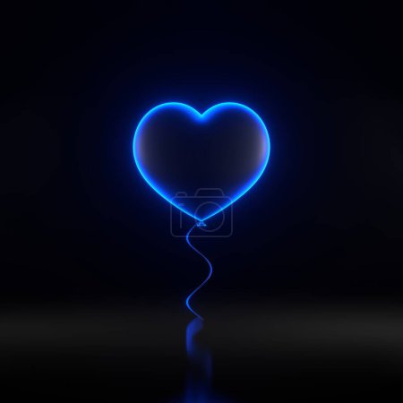 Téléchargez les photos : Ballon en forme de coeur avec des lumières lumineuses au néon bleu futuriste sur fond noir. Illustration de rendu 3D - en image libre de droit