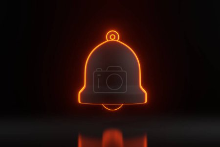Foto de Campana de notificación con brillantes luces de neón naranjas futuristas sobre un fondo negro. Ilustración de representación 3D - Imagen libre de derechos