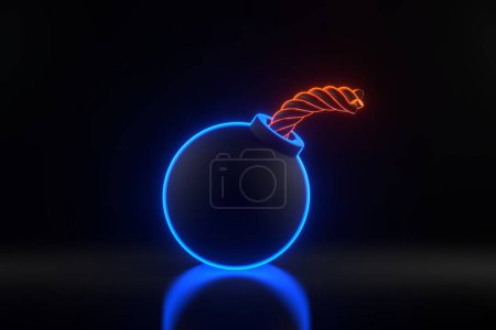 Téléchargez les photos : Bombe sphérique avec des néons lumineux bleu futuriste et orange sur fond noir. Illustration de rendu 3D - en image libre de droit