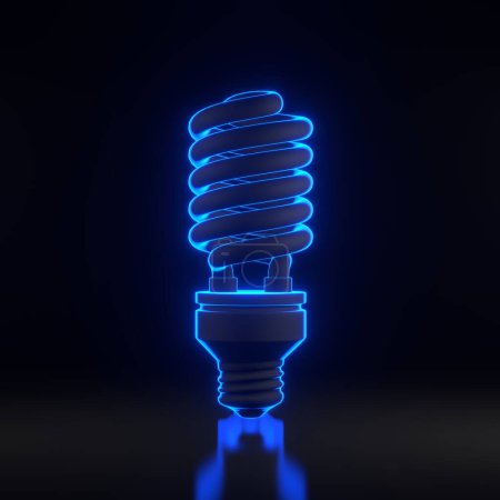 Téléchargez les photos : Ampoule fluorescente à économie d'énergie avec des néons bleu futuriste lumineux sur fond noir. Concept d'idée lumineuse. Illustration de rendu 3D - en image libre de droit