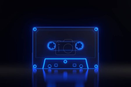 Téléchargez les photos : Cassette audio vintage avec des néons bleu futuriste lumineux sur fond noir. Illustration de rendu 3D - en image libre de droit
