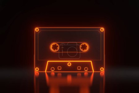 Photo for Vintage audio tape cassette with bright glowing futuristic orange neon lights on a black background. 3D render illustration - Royalty Free Image