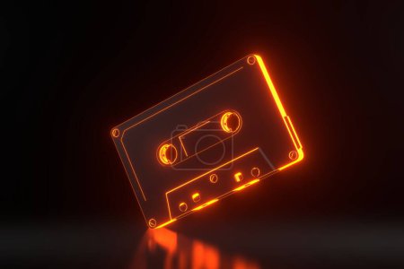 Téléchargez les photos : Cassette audio vintage avec des néons orange futuriste lumineux sur fond noir. Illustration de rendu 3D - en image libre de droit
