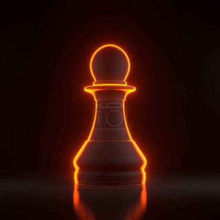 Photo for Pawn chess piece with bright glowing futuristic orange neon lights on a black background. Chess game figurine. Chess pieces. Board games. Strategy games. 3D render illustration - Royalty Free Image