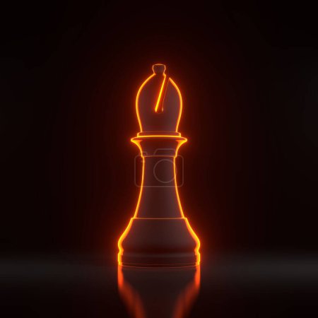 Photo for Bishop chess piece with bright glowing futuristic orange neon lights on a black background. Chess game figurine. Chess pieces. Board games. Strategy games. 3D render illustration - Royalty Free Image