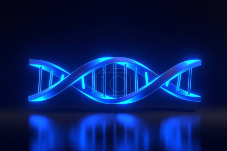 Foto de ADN con brillantes luces de neón azul futurista sobre fondo negro. Ilustración de representación 3D - Imagen libre de derechos
