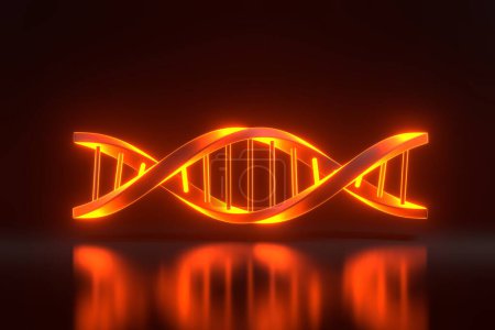 Foto de ADN con brillantes luces de neón naranjas futuristas sobre fondo negro. Ilustración de representación 3D - Imagen libre de derechos
