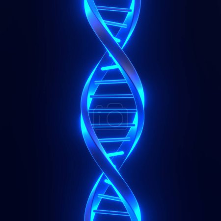 Photo for DNA with bright glowing futuristic blue neon lights on black background. 3D render illustration - Royalty Free Image