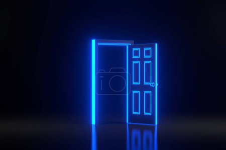 Photo for Open door in a room with bright glowing futuristic blue neon lights on black background. Architectural design element. 3D render illustration - Royalty Free Image