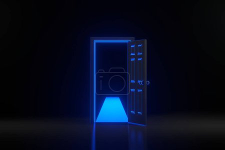 Photo for Light going through the opening door with bright glowing futuristic blue neon lights on black background. Architectural design element. 3D render illustration - Royalty Free Image