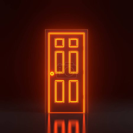 Téléchargez les photos : Porte fermée avec des lumières lumineuses au néon orange futuriste sur fond noir. Élément de design architectural. Illustration de rendu 3D - en image libre de droit