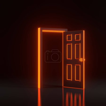 Téléchargez les photos : Porte ouverte dans une pièce avec des lumières lumineuses au néon orange futuriste sur fond noir. Élément de design architectural. Illustration de rendu 3D - en image libre de droit