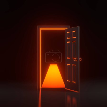 Photo for Light going through the opening door with bright glowing futuristic orange neon lights on black background. Architectural design element. 3D render illustration - Royalty Free Image