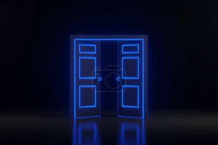 Téléchargez les photos : Porte ouverte dans une pièce avec des lumières lumineuses au néon bleu futuriste sur fond noir. Élément de design architectural. Illustration de rendu 3D - en image libre de droit