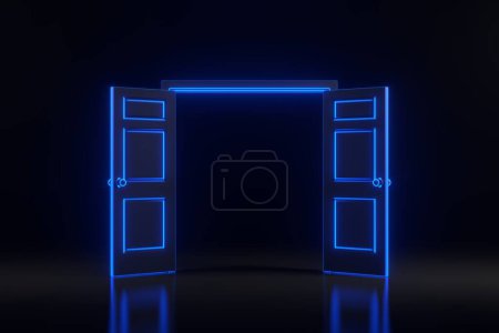 Téléchargez les photos : Porte ouverte dans une pièce avec des lumières lumineuses au néon bleu futuriste sur fond noir. Élément de design architectural. Illustration de rendu 3D - en image libre de droit