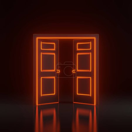 Téléchargez les photos : Porte ouverte dans une pièce avec des lumières lumineuses au néon orange futuriste sur fond noir. Élément de design architectural. Illustration de rendu 3D - en image libre de droit