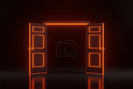 Photo for Open door in a room with bright glowing futuristic orange neon lights on black background. Architectural design element. 3D render illustration - Royalty Free Image