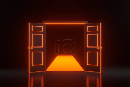 Photo for Light going through the opening door with bright glowing futuristic orange neon lights on black background. Architectural design element. 3D render illustration - Royalty Free Image