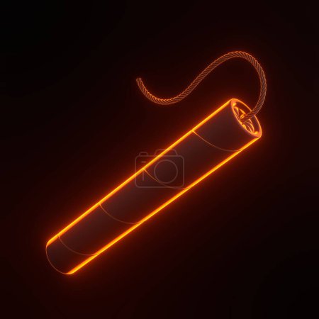 Foto de Palos de dinamita, TNT con mecha con brillantes luces de neón naranjas futuristas sobre fondo negro. Suministros explosivos. Ilustración de representación 3D - Imagen libre de derechos