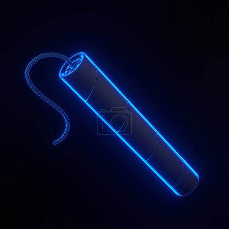 Foto de Palos de dinamita, TNT con mecha con brillantes luces de neón azul futurista sobre fondo negro. Suministros explosivos. Ilustración de representación 3D - Imagen libre de derechos
