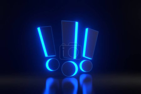 Téléchargez les photos : Groupe de points d'exclamation avec des lumières lumineuses au néon bleu futuriste sur fond noir. Illustration de rendu 3D - en image libre de droit