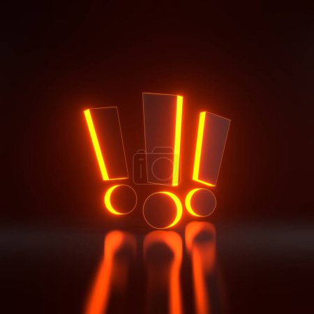 Téléchargez les photos : Groupe de points d'exclamation avec des lumières lumineuses au néon orange futuriste sur fond noir. Illustration de rendu 3D - en image libre de droit