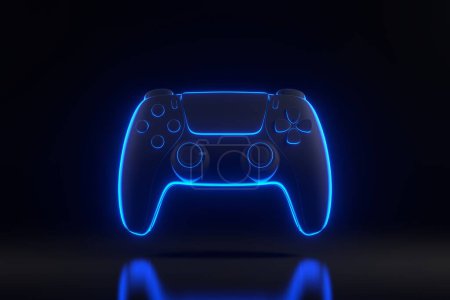 Photo for Gamepad with bright glowing futuristic blue neon lights on black background. Joystick for video game. Game controller. 3D render illustration - Royalty Free Image