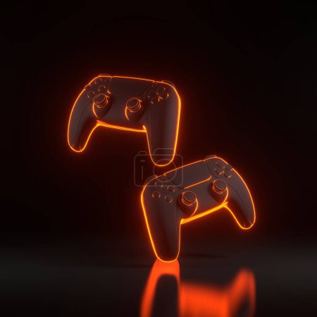Photo for Gamepad with bright glowing futuristic orange neon lights on black background. Joystick for video game. Game controller. 3D render illustration - Royalty Free Image