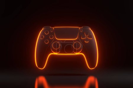 Téléchargez les photos : Gamepad avec des lumières lumineuses au néon orange futuriste sur fond noir. Joystick pour jeu vidéo. Contrôleur de jeu. Illustration de rendu 3D - en image libre de droit