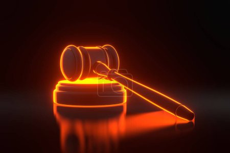 Photo for Judge gavelwith bright glowing futuristic orange neon lights on black background. Bidding at auctions. Liability for corruption. Protection of rights. Law and fine. Tax avoidance. 3D render - Royalty Free Image