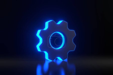 Photo for Gear with bright glowing futuristic blue neon lights on black background. 3D render illustration - Royalty Free Image