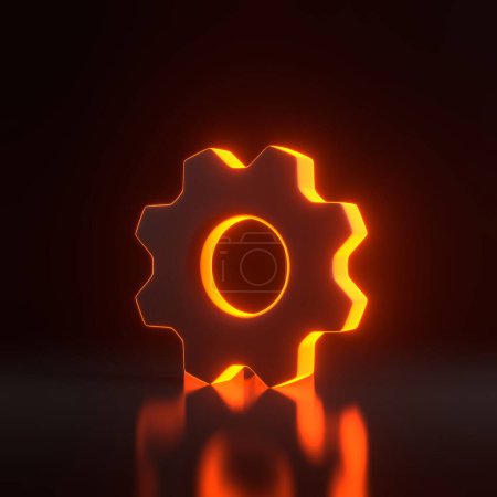 Foto de Engranaje con brillantes luces de neón naranjas futuristas sobre fondo negro. Ilustración de representación 3D - Imagen libre de derechos