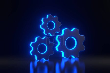 Photo for Gears with bright glowing futuristic blue neon lights on black background. 3D render illustration - Royalty Free Image