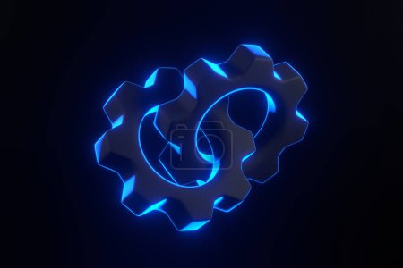 Foto de Engranajes con brillantes luces de neón azul futurista sobre fondo negro. Ilustración de representación 3D - Imagen libre de derechos