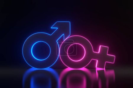Photo for Male and Female symbols with bright glowing futuristic blue neon lights on black background. Sexual symbols. Sign of venus and mars. Gender icon. Couple man and woman. 3D render illustration - Royalty Free Image