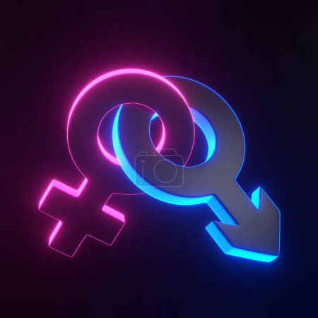 Photo for Male and Female symbols joined together with bright glowing futuristic blue neon lights on black background. Sexual symbols. Sign of venus and mars. Gender icon. Couple man and woman. 3D render - Royalty Free Image