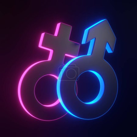 Photo for Male and Female symbols with bright glowing futuristic blue neon lights on black background. Sexual symbols. Sign of venus and mars. Gender icon. Couple man and woman. 3D render illustration - Royalty Free Image