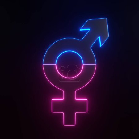 Photo for Transgender Symbol with bright glowing futuristic blue and pink neon lights on black background. Sexual symbols. Gender icon. 3D render illustration - Royalty Free Image