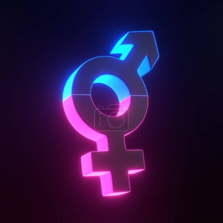 Photo for Transgender Symbol with bright glowing futuristic blue and pink neon lights on black background. Sexual symbols. Gender icon. 3D render illustration - Royalty Free Image